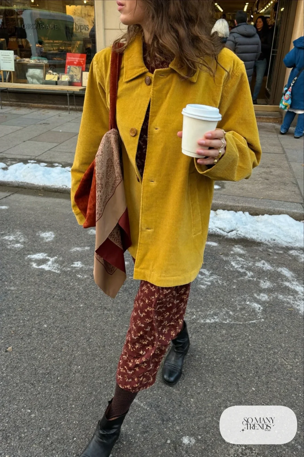 mustard corduroy jacket burgundy floral midi dress patterned tights black ankle boots shoulder bag outfit 26