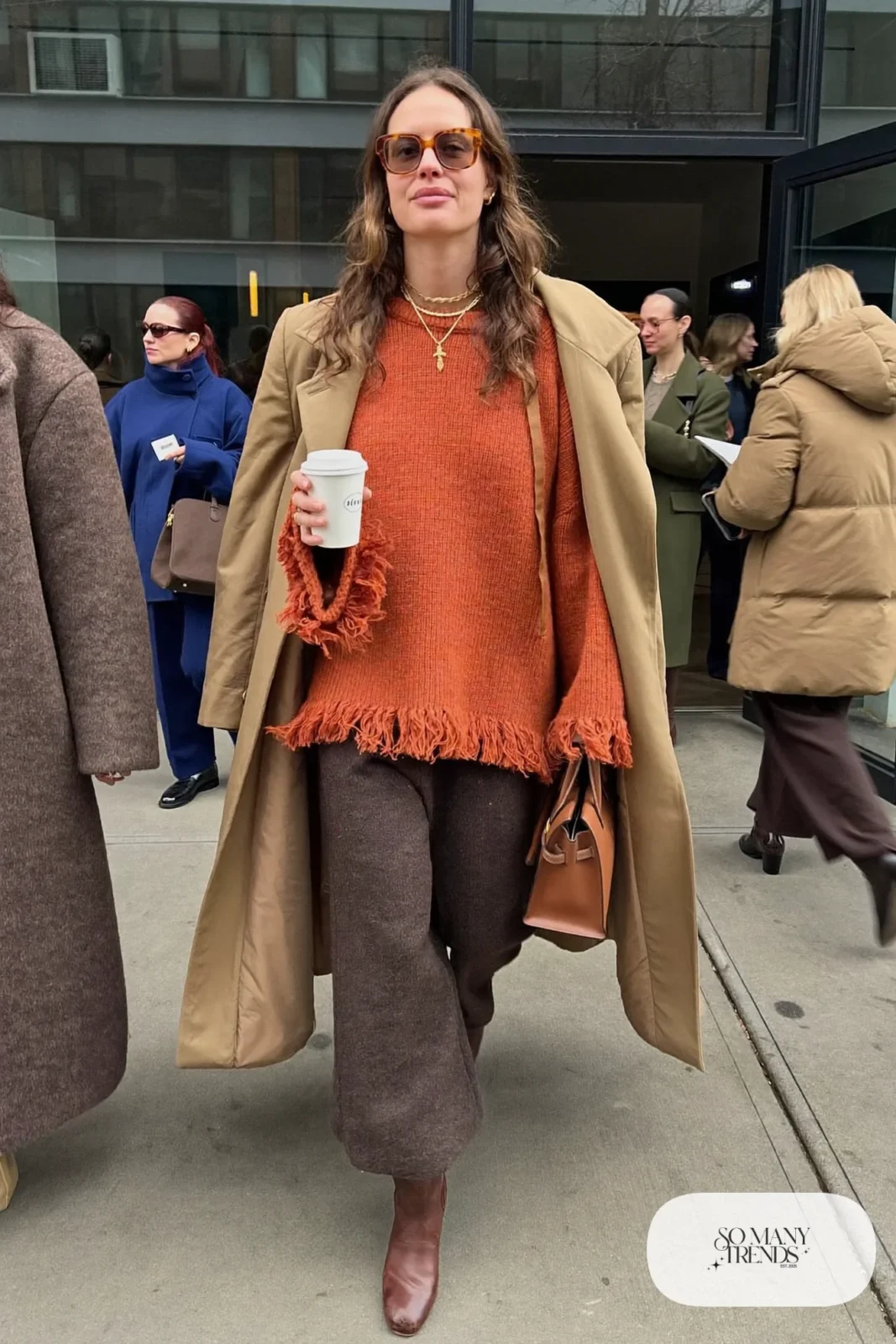 rust fringe hem sweater charcoal wool wide-leg pants tan coat ankle boots leather bag outfit 27