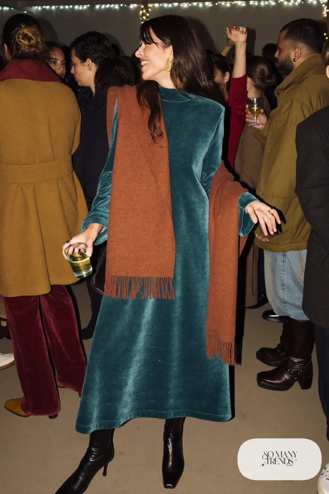 teal velvet midi dress rust fringe shawl black tights heeled ankle boots gold earrings clutch outfit 29