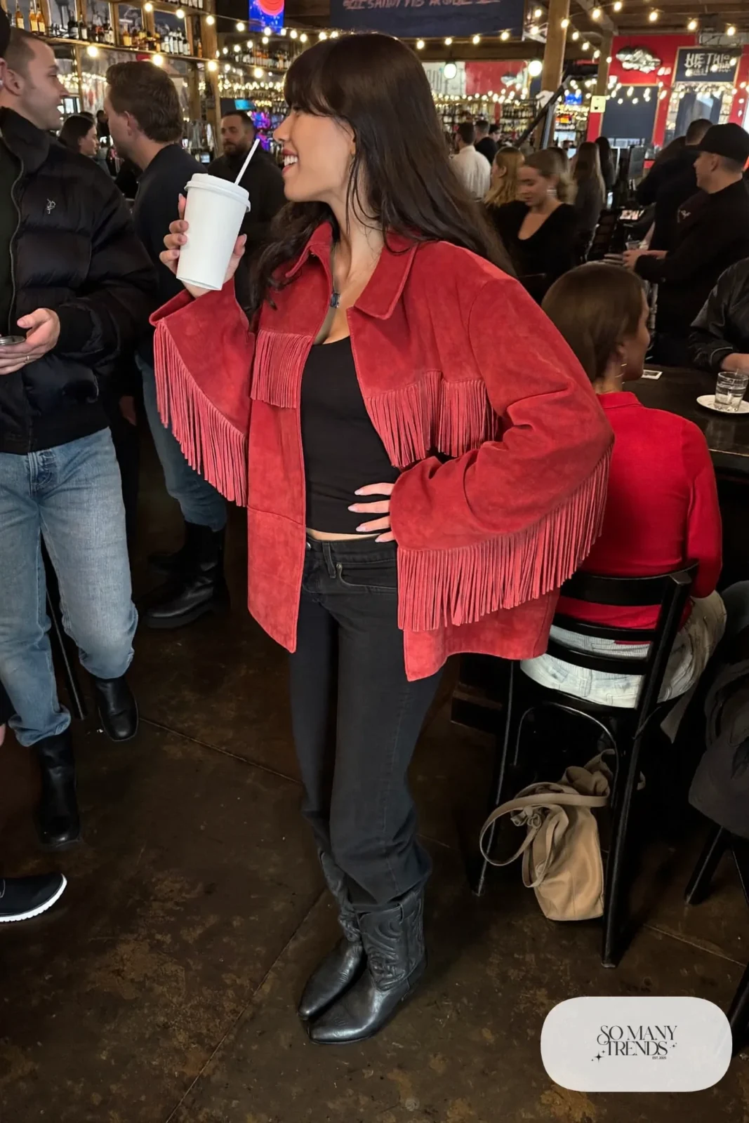 cherry red fringe suede jacket black tank black jeans black boots nashville outfit 2