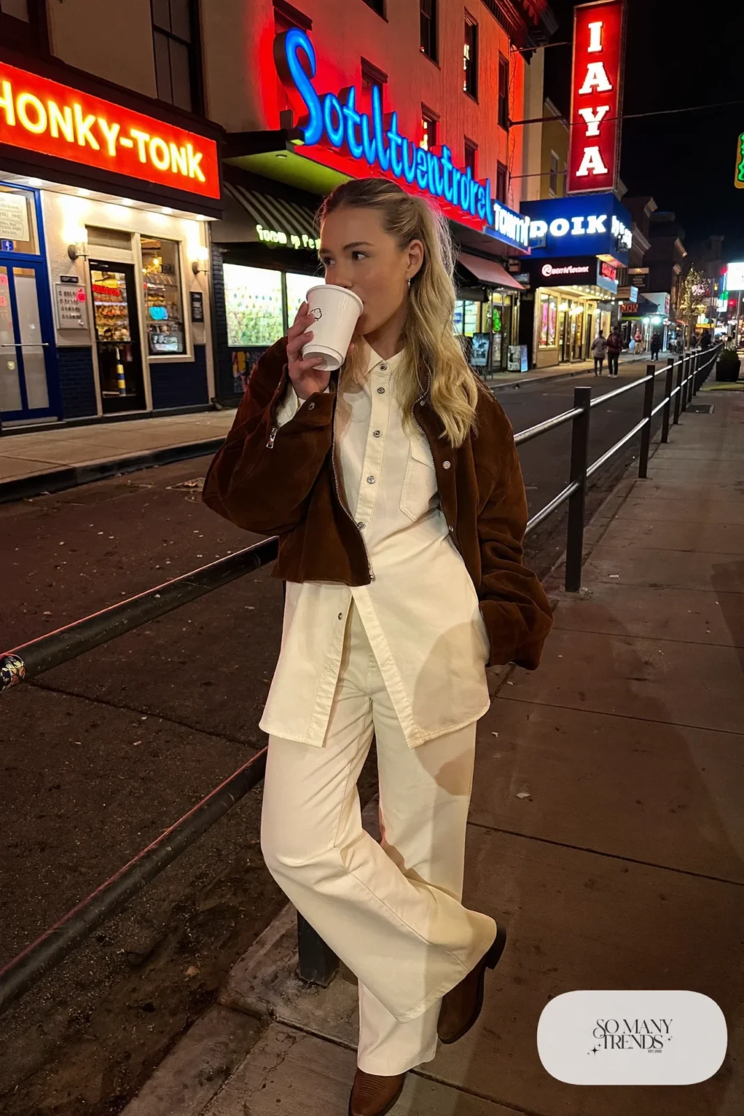 cream western shirt wide leg pants chocolate suede jacket brown cowboy boots nashville outfit 6