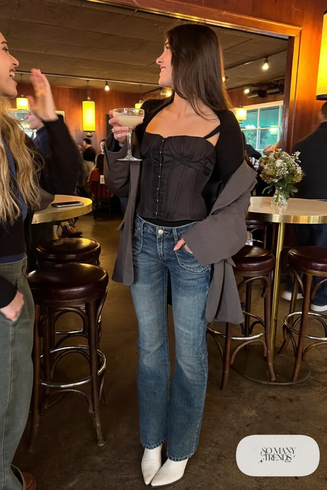 barrel leg jeans black corset top oversized gray blazer white western boots nashville outfit 8