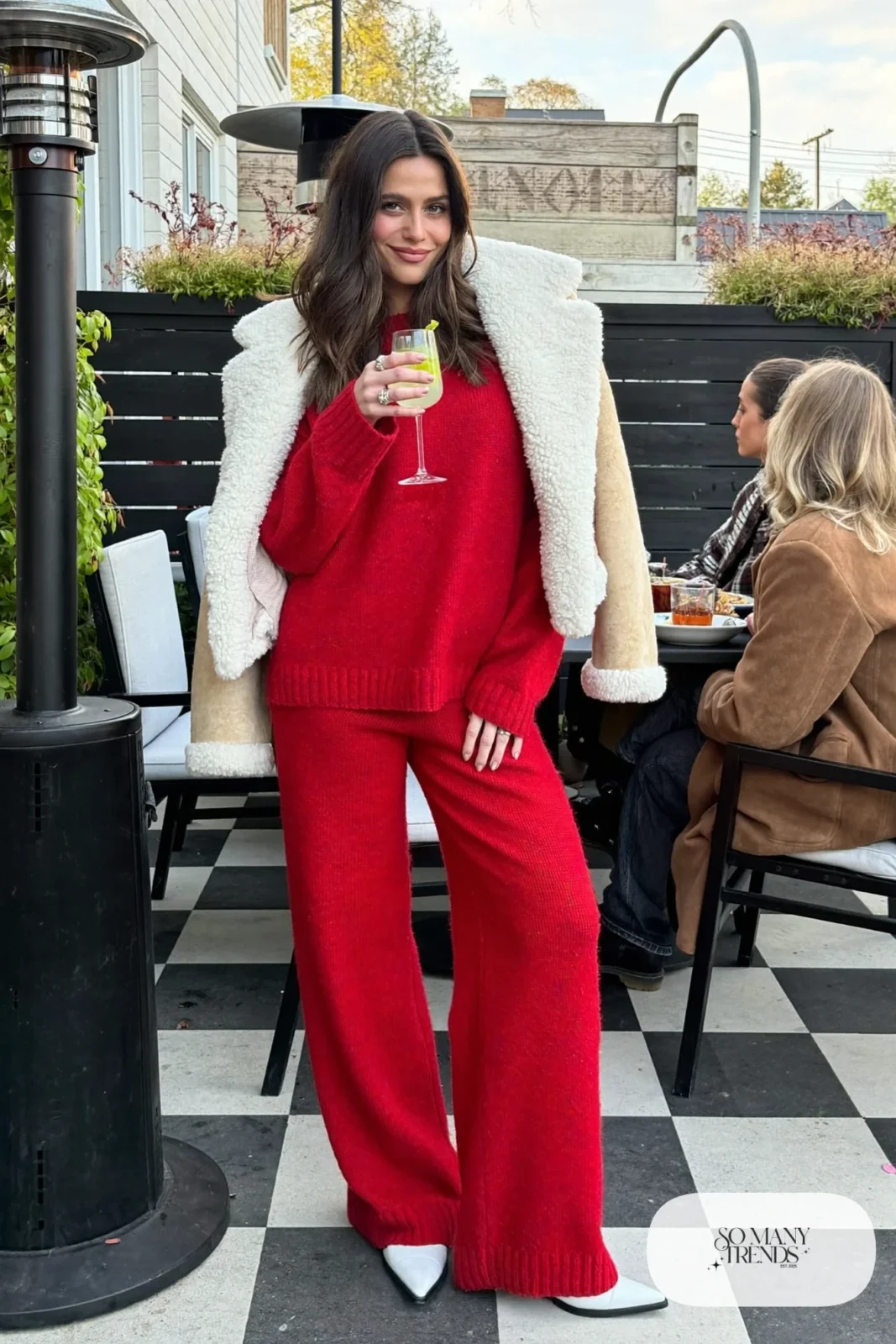 cherry red knit sweater matching knit wide leg pants cream shearling jacket white boots nashville outfit 18