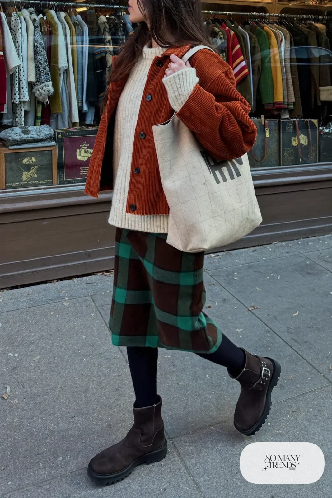 rust corduroy boxy jacket plaid midi skirt thick tights lug sole boots nashville outfit 20
