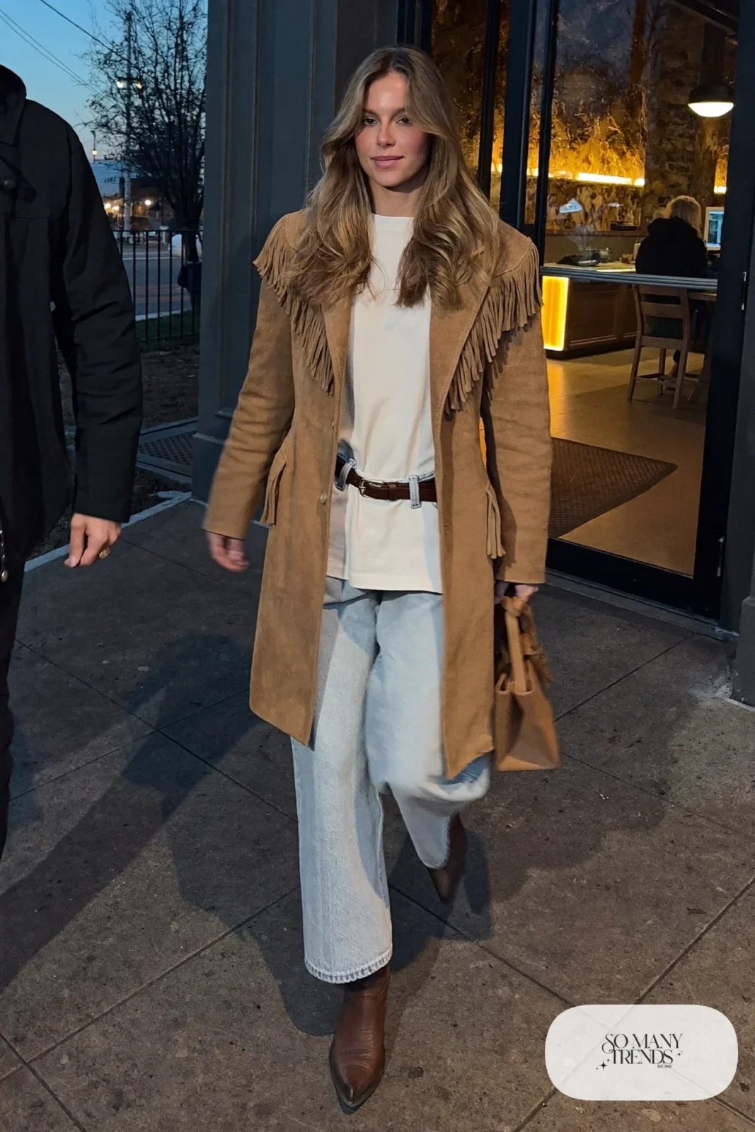 tan faux suede western blazer white tee light wide leg jeans brown belt cowboy boots nashville outfit 21