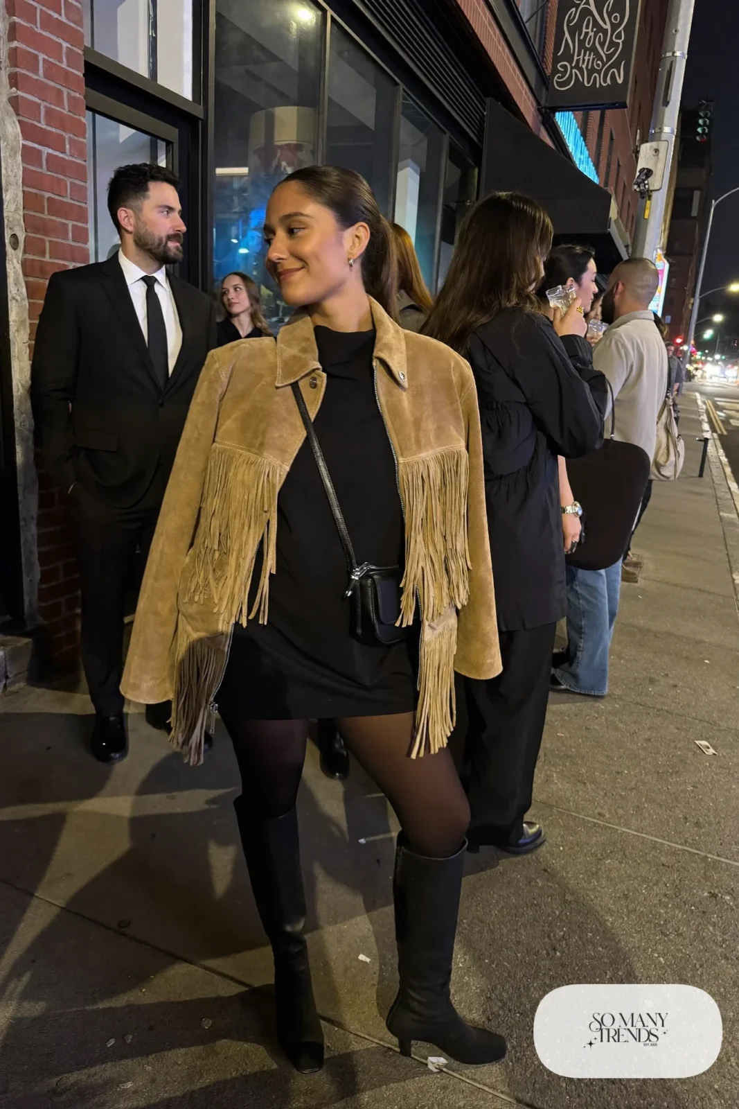 black long sleeve mini dress tan fringe jacket opaque tights tall black boots nashville outfit 24