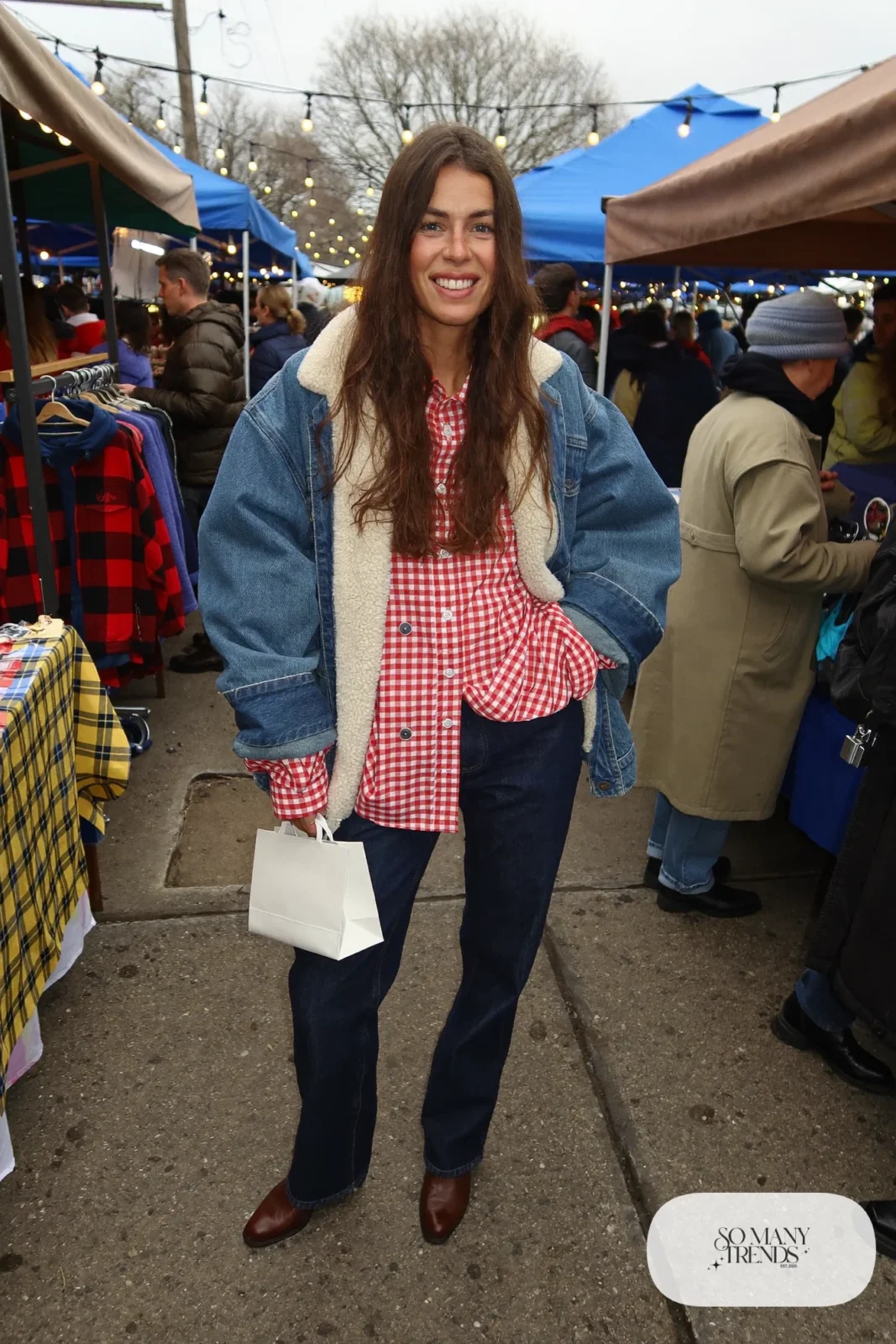 red gingham shirt oversized denim jacket straight jeans brown boots nashville outfit 25