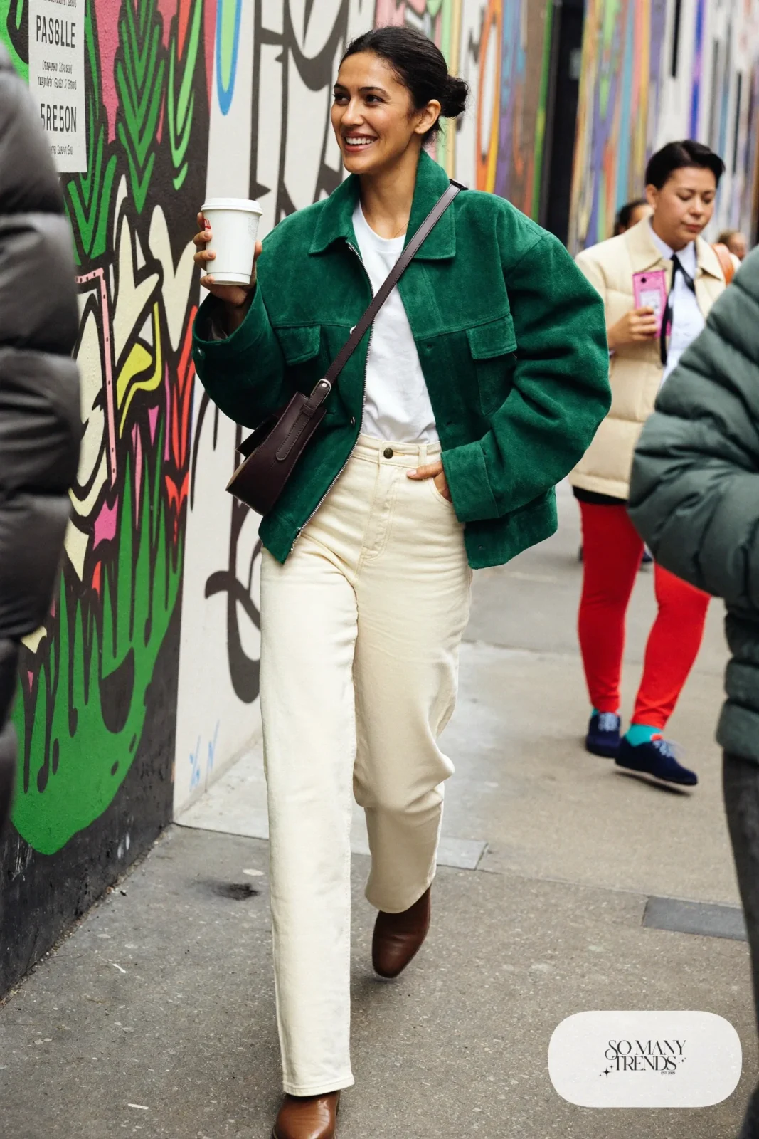 forest green faux suede jacket cream straight jeans white tee brown boots nashville outfit 29