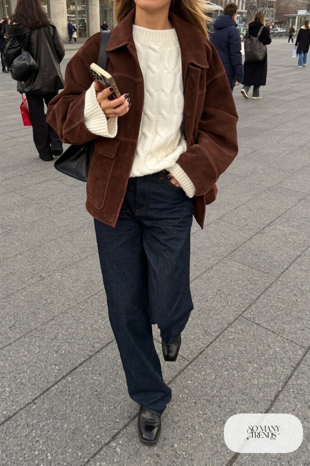 boxy chocolate brown suede jacket, ivory cable knit sweater, dark straight jeans, black leather boots, structured bag outfit 5