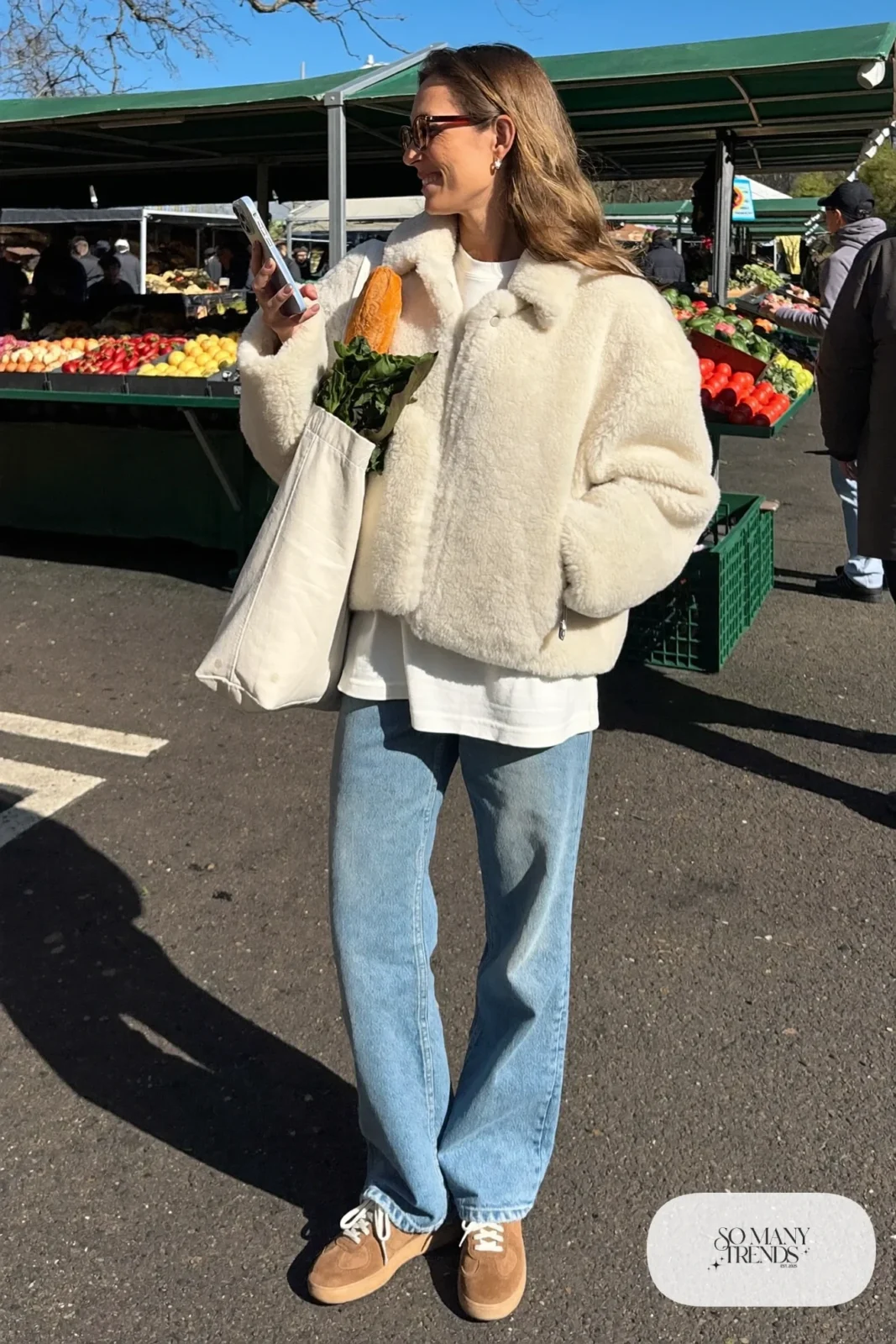 cream teddy fleece jacket, white tee, light-wash straight jeans, brown suede sneakers, canvas tote outfit 9