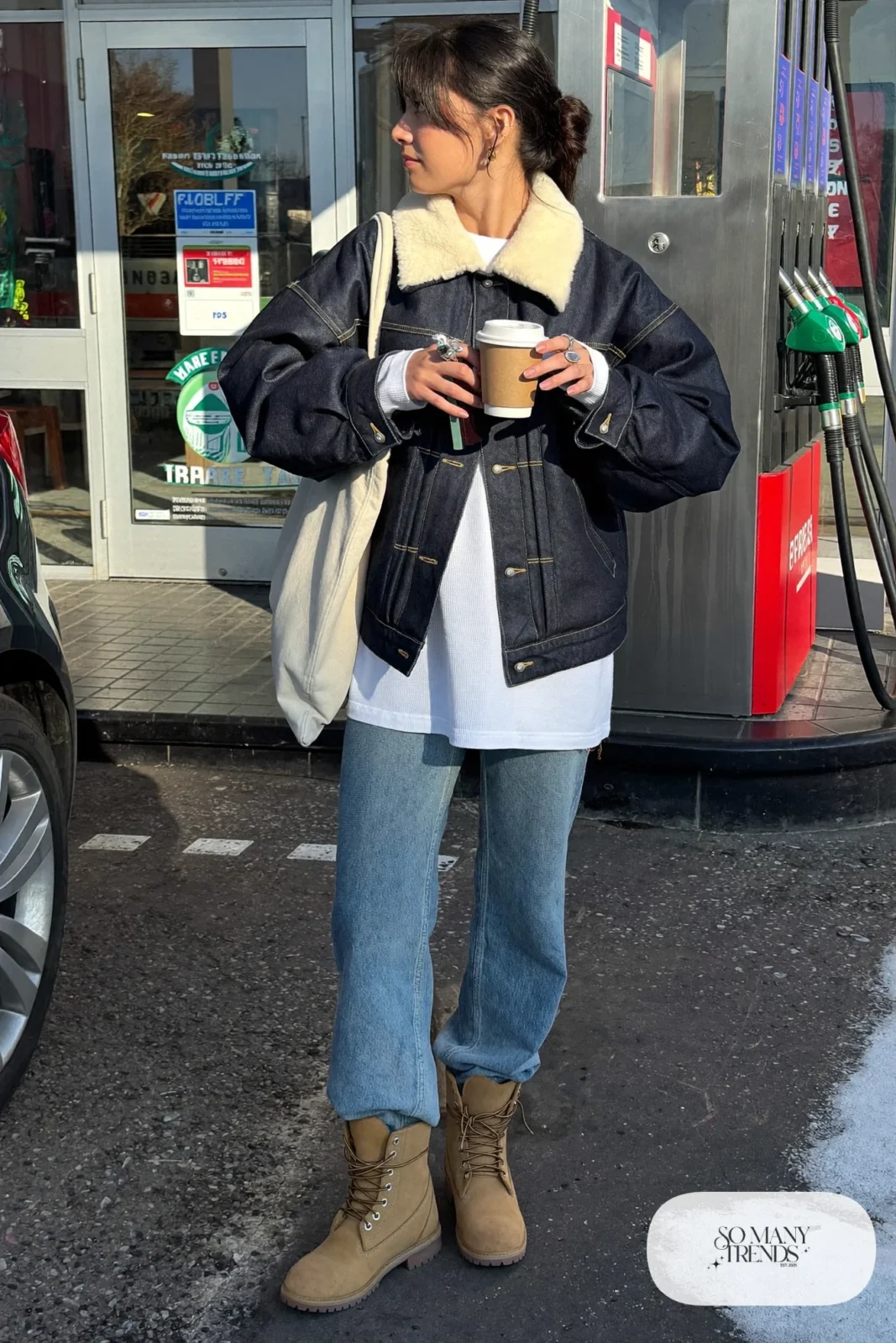 dark denim jacket with sherpa collar, white thermal top, light-wash straight jeans, tan nubuck boots, tote outfit 14