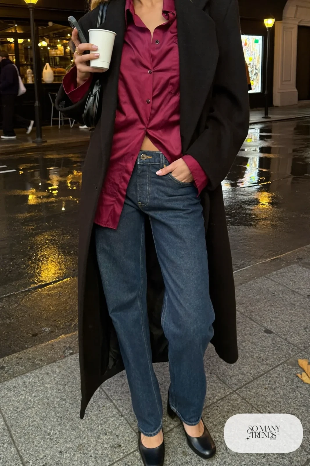 burgundy satin blouse, dark straight jeans, black closed-toe pumps, long black coat, small bag outfit 16