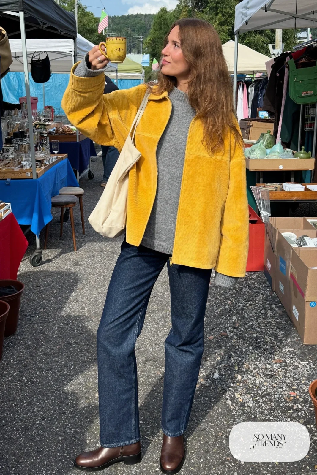 mustard corduroy jacket, gray crewneck sweater, dark straight jeans, dark brown boots, tote bag outfit 27