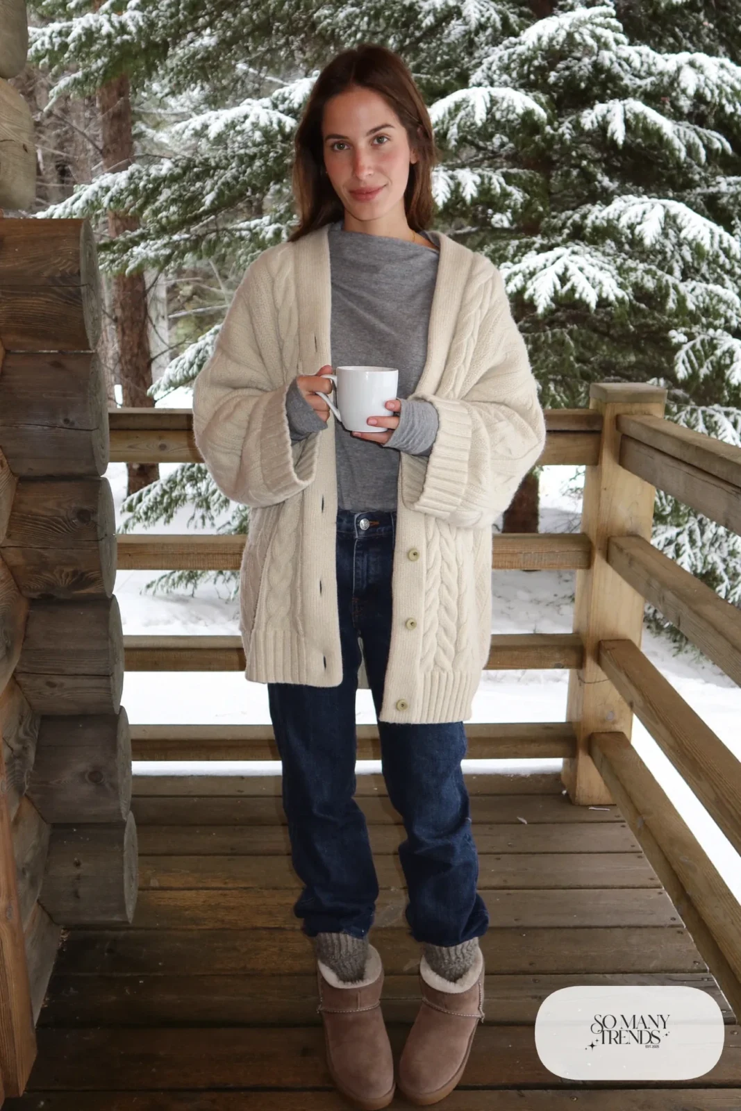 long oatmeal chunky cardigan, gray thermal top, soft dark jeans, shearling-lined boots, wool socks outfit 28