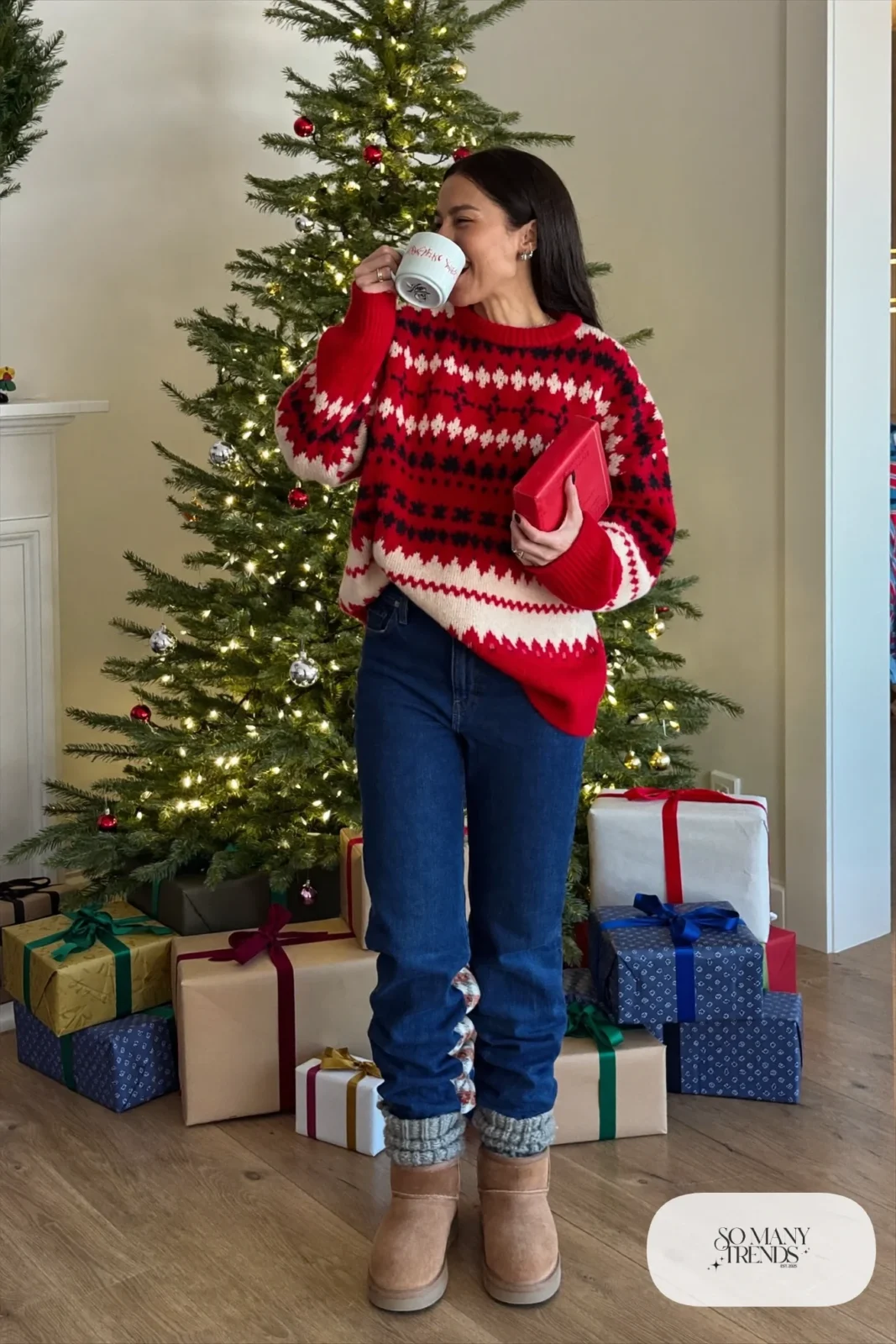 red and cream Fair Isle sweater, soft dark jeans, wool socks, shearling-lined boots outfit 32