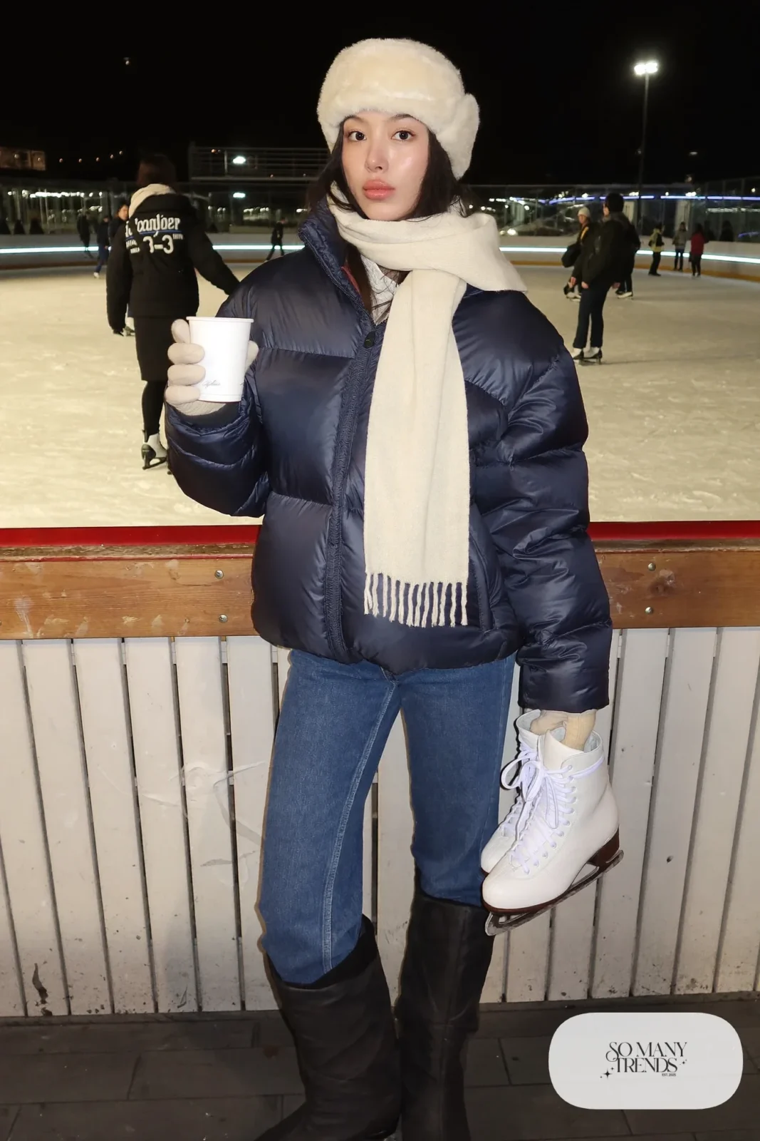 cream knit hat scarf and glove set, navy puffer jacket, stretch indigo jeans, waterproof boots outfit 33