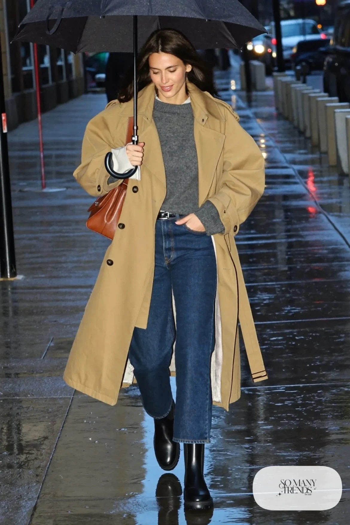 tan water-resistant trench coat, charcoal sweater, dark straight jeans, black rubber-sole chelsea boots, umbrella outfit 34