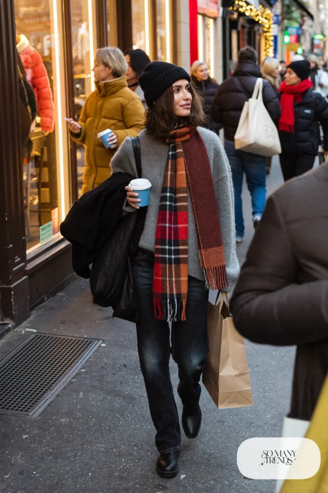 gray wool sweater, black straight jeans, long rust plaid wool scarf, black leather boots, tote bag outfit 35