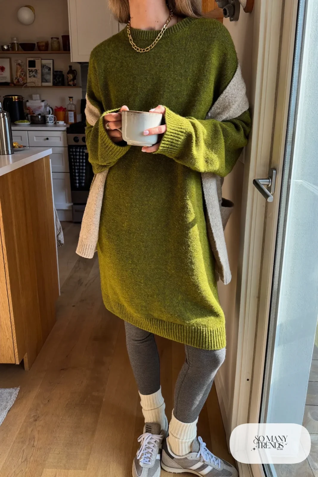 olive long knit sweater charcoal leggings ribbed socks sneakers gold chain necklace outfit 2