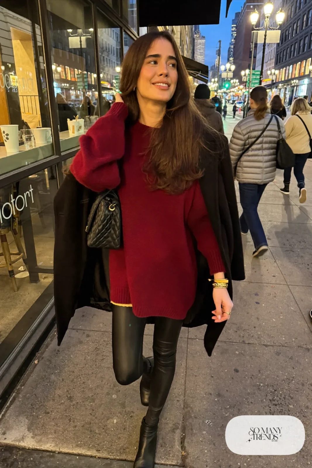 burgundy long sweater black faux leather leggings black ankle boots quilted bag outfit 3
