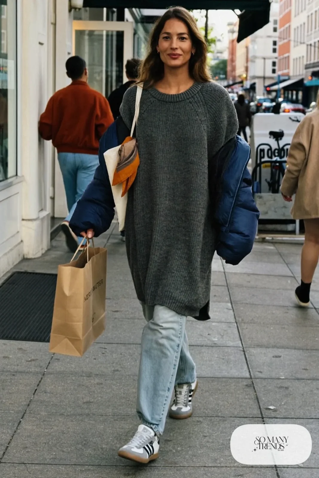 charcoal long sweater light wash straight jeans retro sneakers tote bag outfit 10