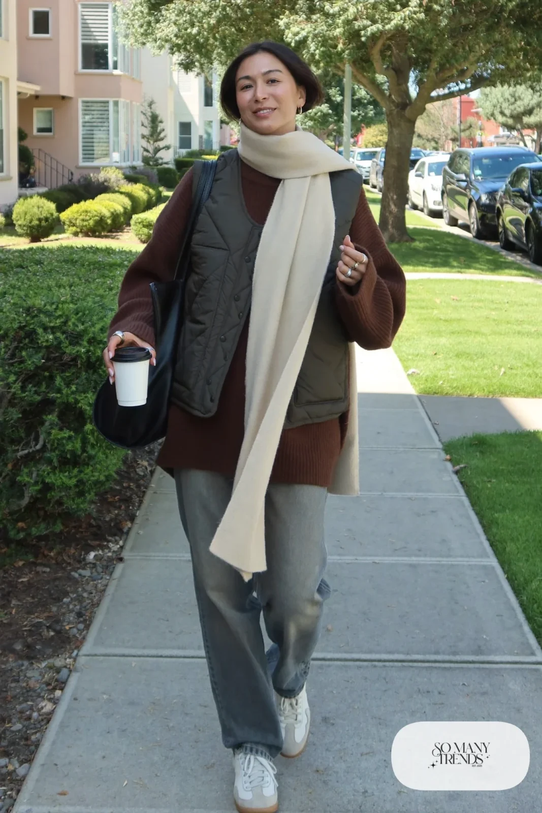 chocolate brown long sweater gray straight jeans sneakers long scarf tote outfit 13