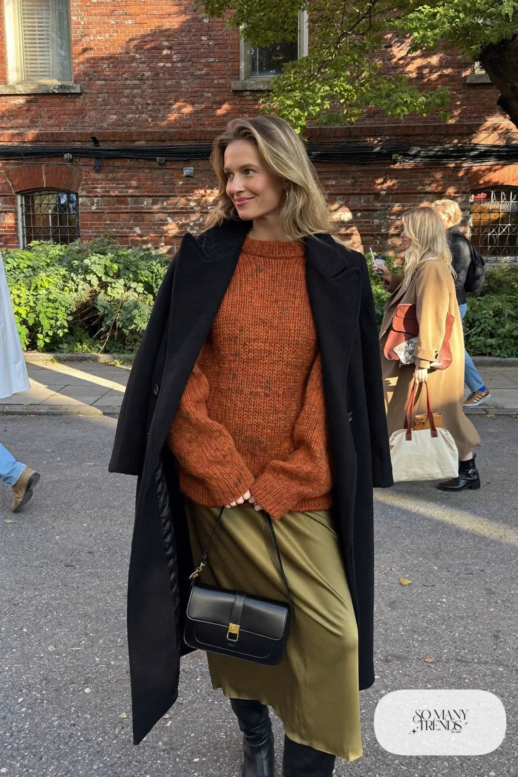 rust long sweater olive satin midi skirt black knee high boots shoulder bag outfit 14