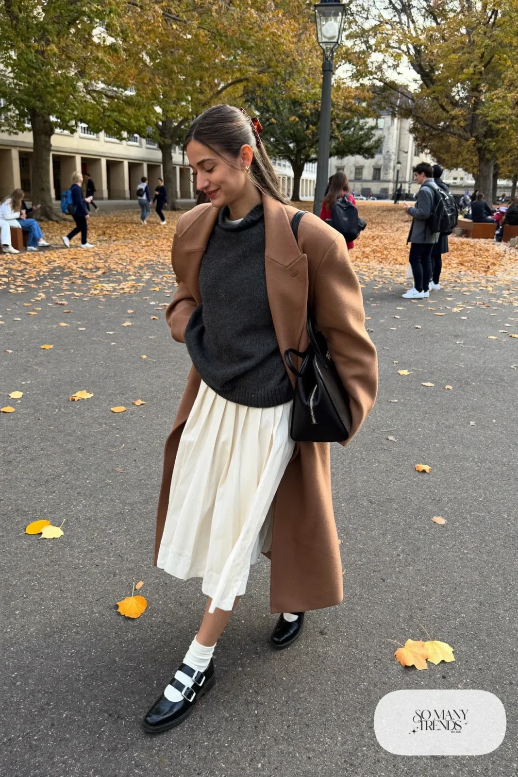 charcoal long sweater cream pleated midi skirt black mary janes white socks leather bag outfit 15