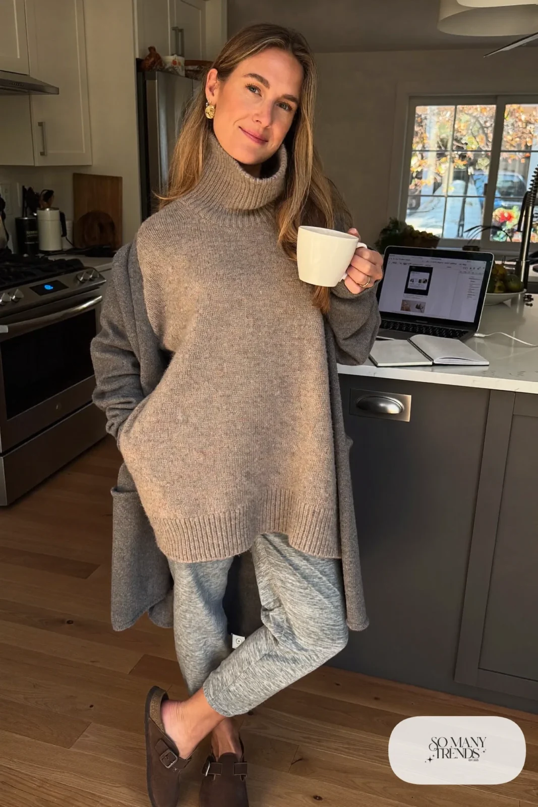 oatmeal long sweater gray joggers suede clogs ceramic mug home office outfit 20