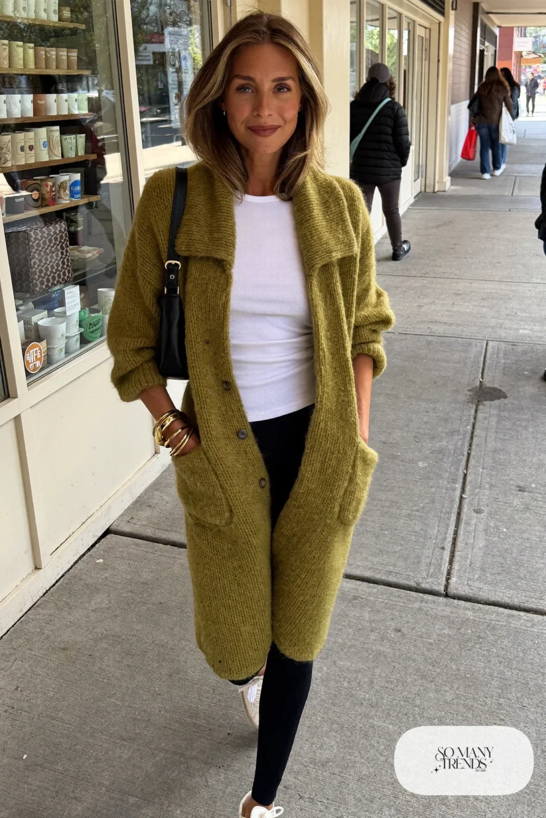 olive long cardigan sweater white tank black leggings white sneakers gold bangles outfit 22
