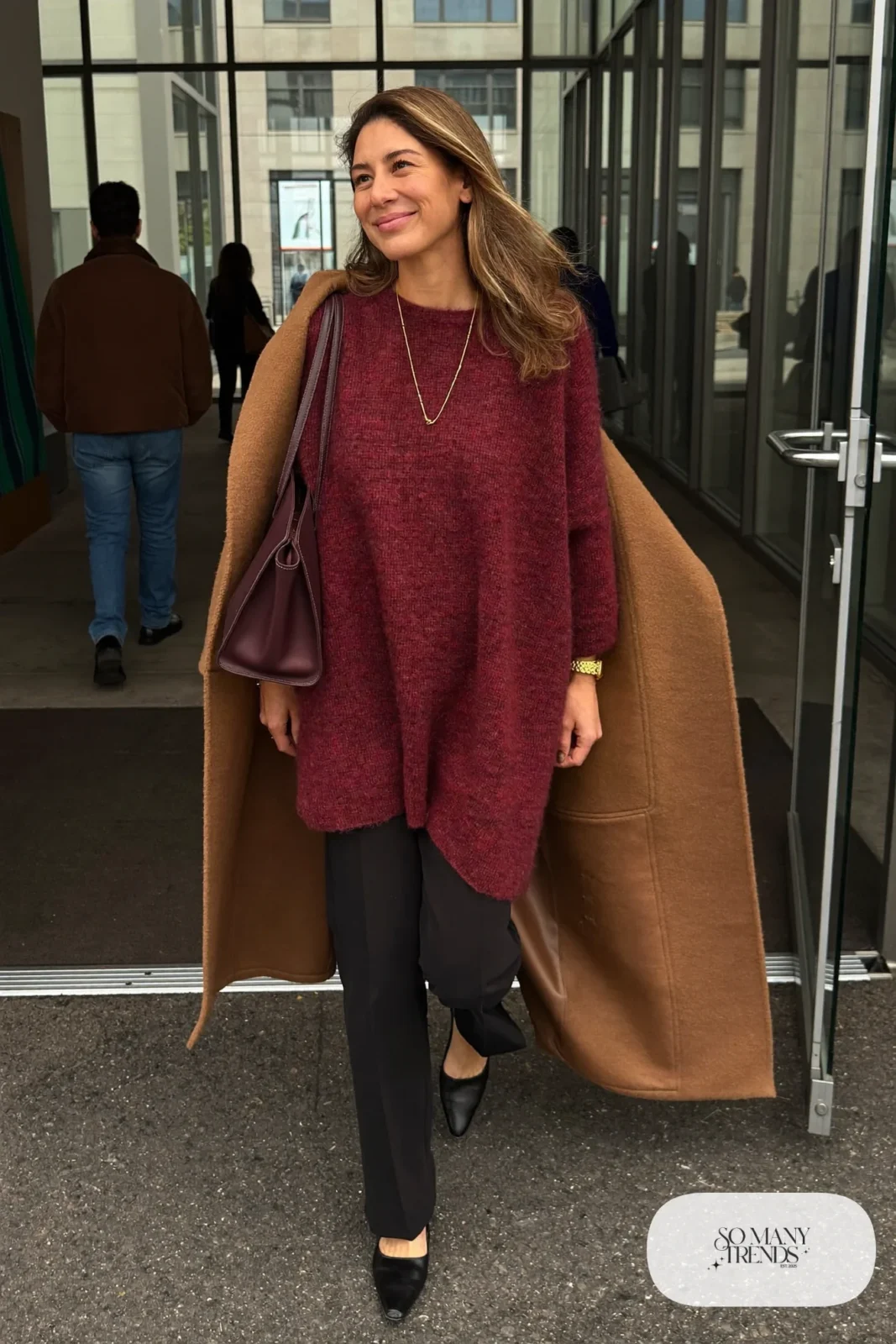 burgundy long sweater black ponte pants pointed black flats leather tote outfit 24