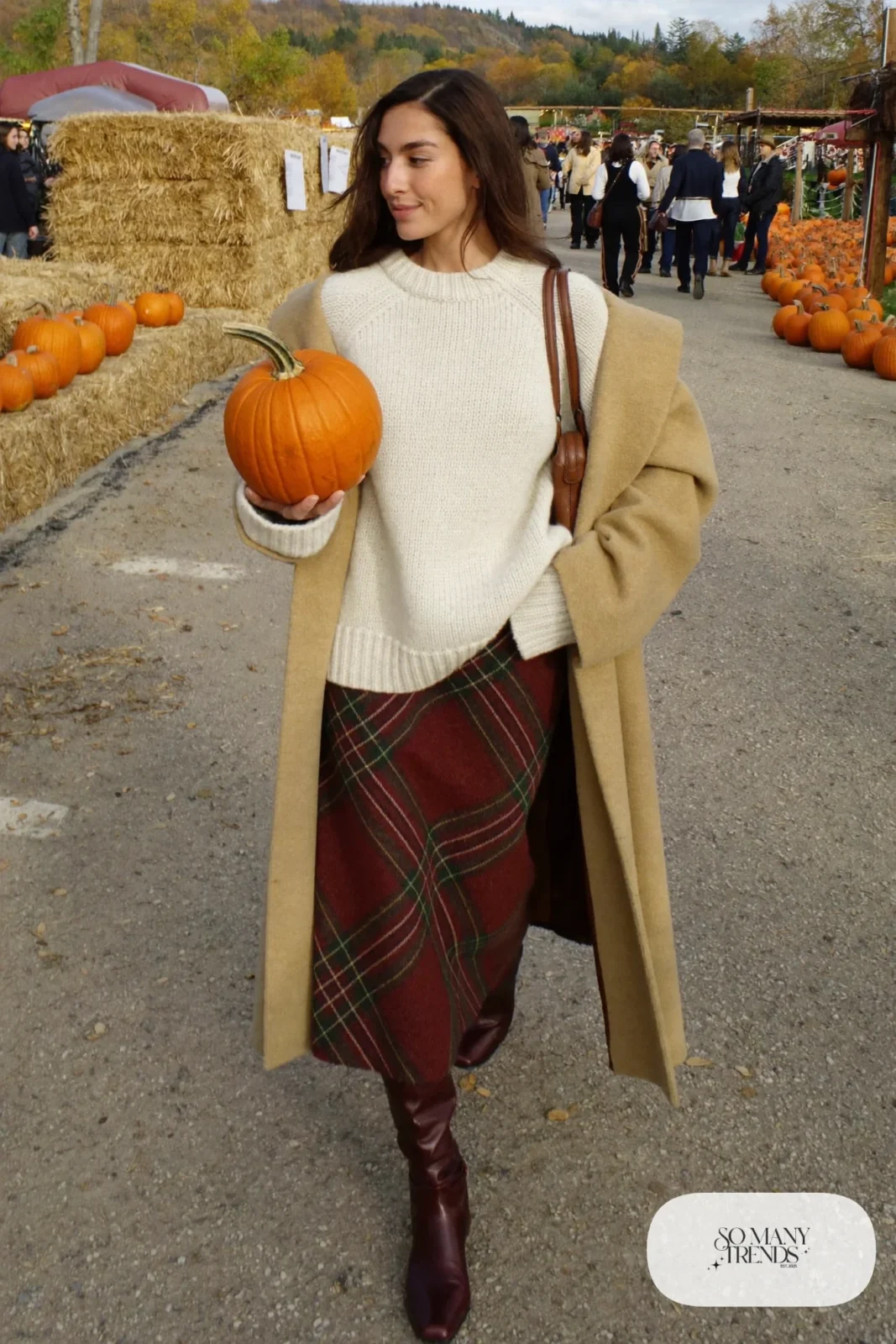 cream long sweater plaid midi skirt tall brown boots leather bag wool coat outfit 28