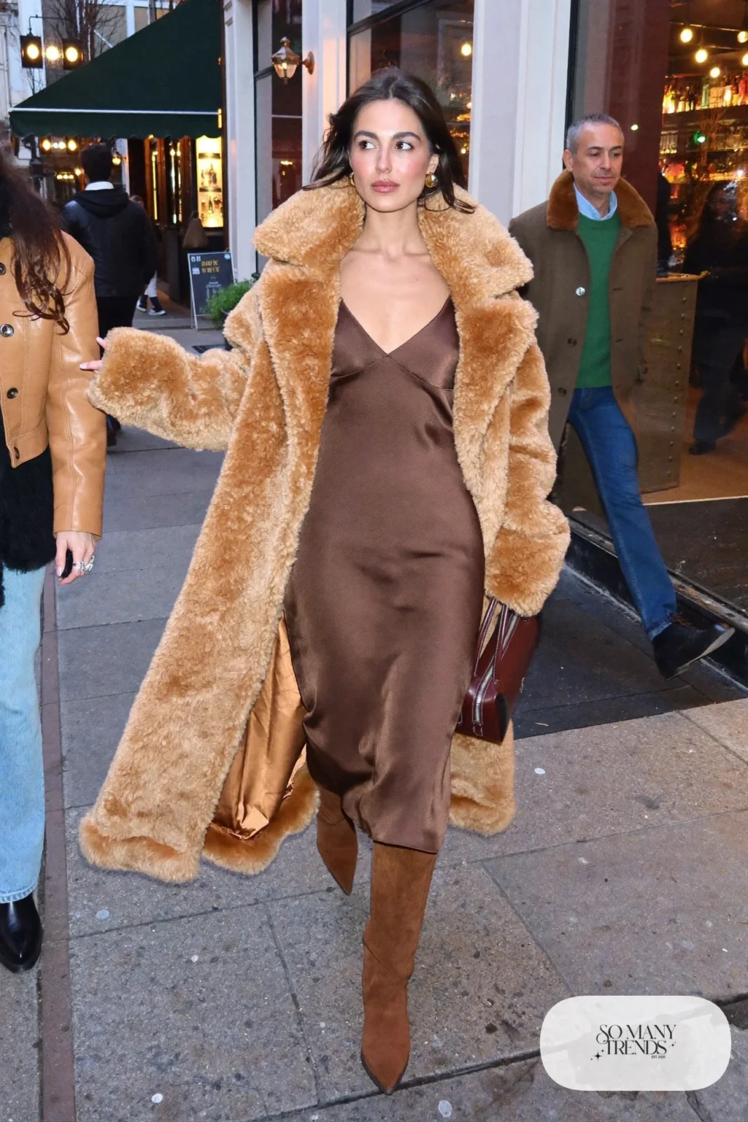 chocolate brown satin slip midi dress shearling coat brown suede knee-high boots small bag outfit 5
