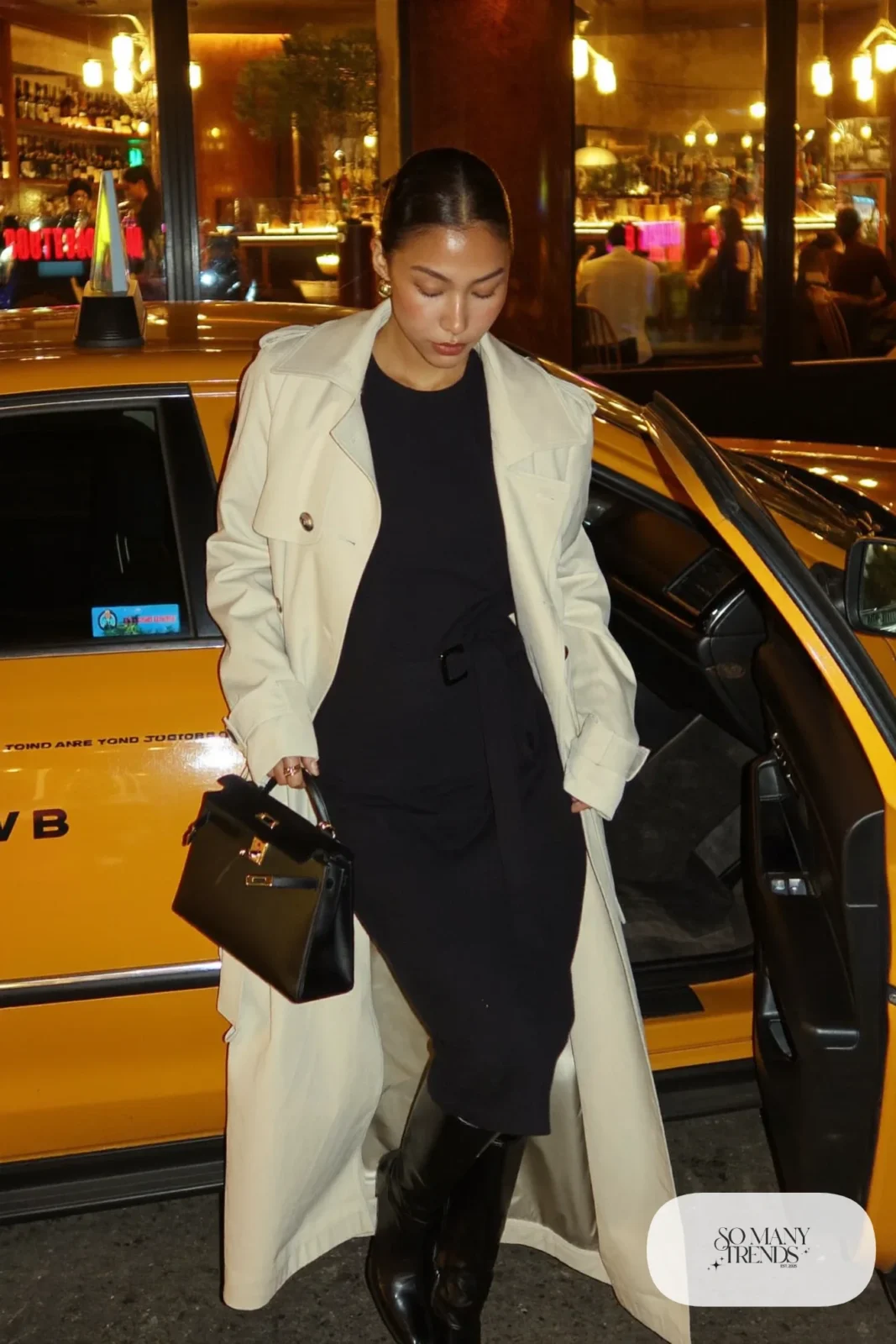 black sweater midi dress belted beige trench coat tall black boots leather bag outfit 6