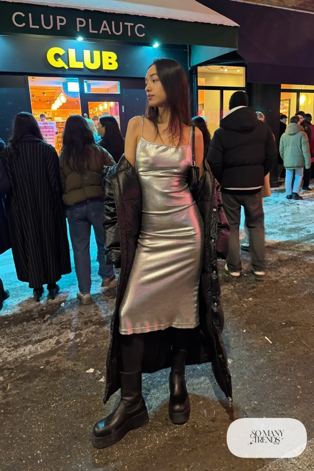 silver metallic slip midi dress long black puffer coat black platform boots mini bag outfit 7