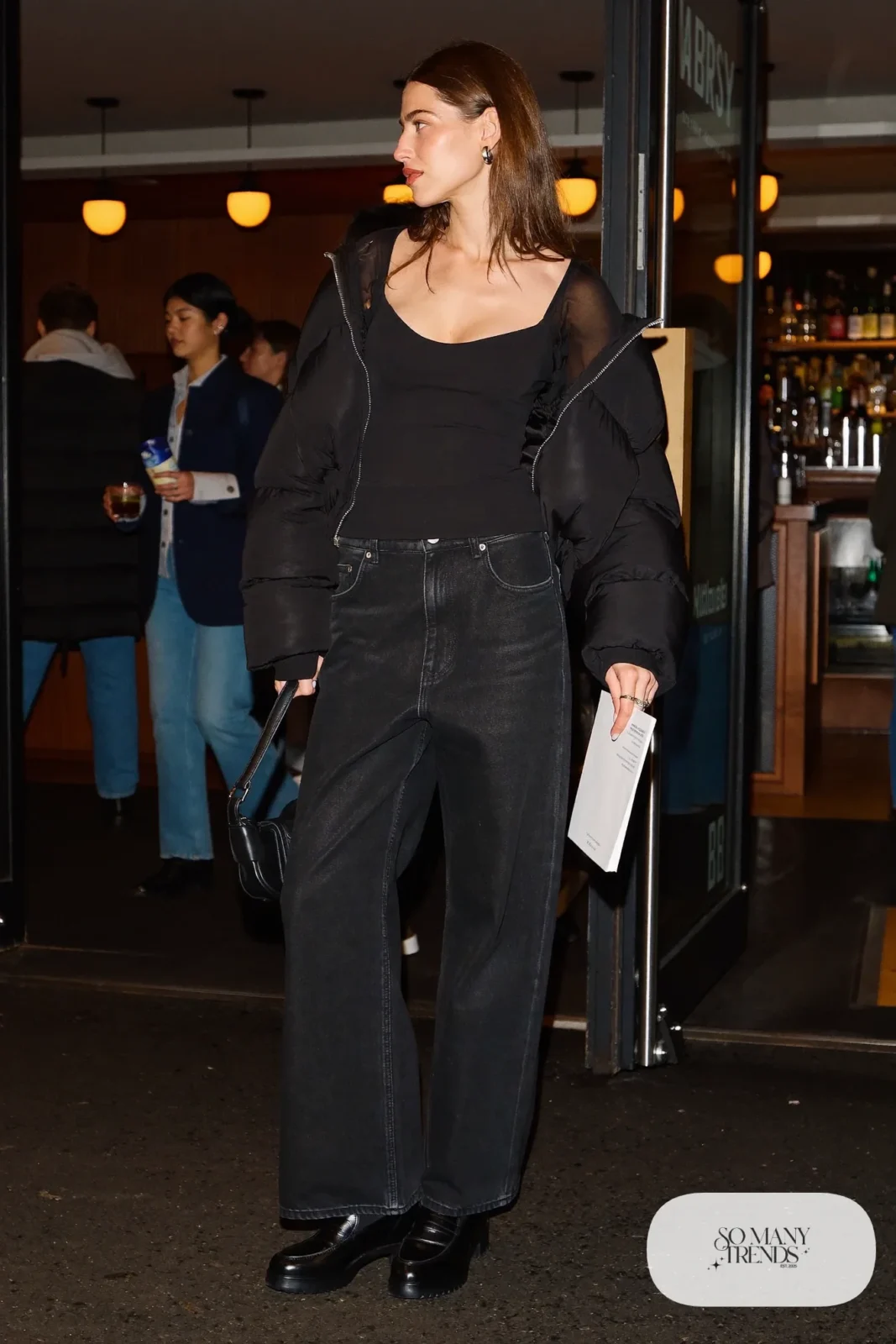 black sheer sleeve blouse wide-leg dark jeans black cropped puffer jacket chunky heeled loafers bag outfit 20