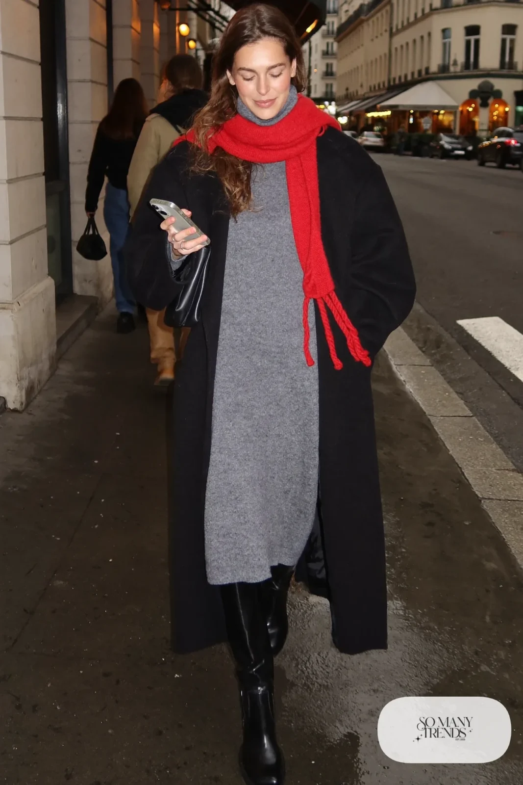 gray turtleneck knit midi dress red wool scarf tall black boots long black coat black bag outfit 25