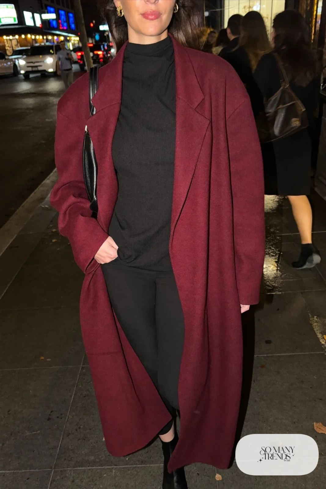 oversized burgundy wool coat black knit top black pants black ankle boots black leather bag outfit 28