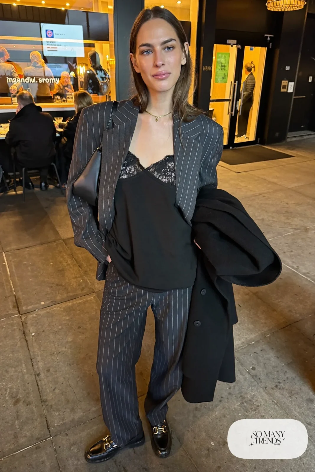 gray pinstripe oversized blazer matching wide-leg pants black lace camisole black loafers long coat outfit 32