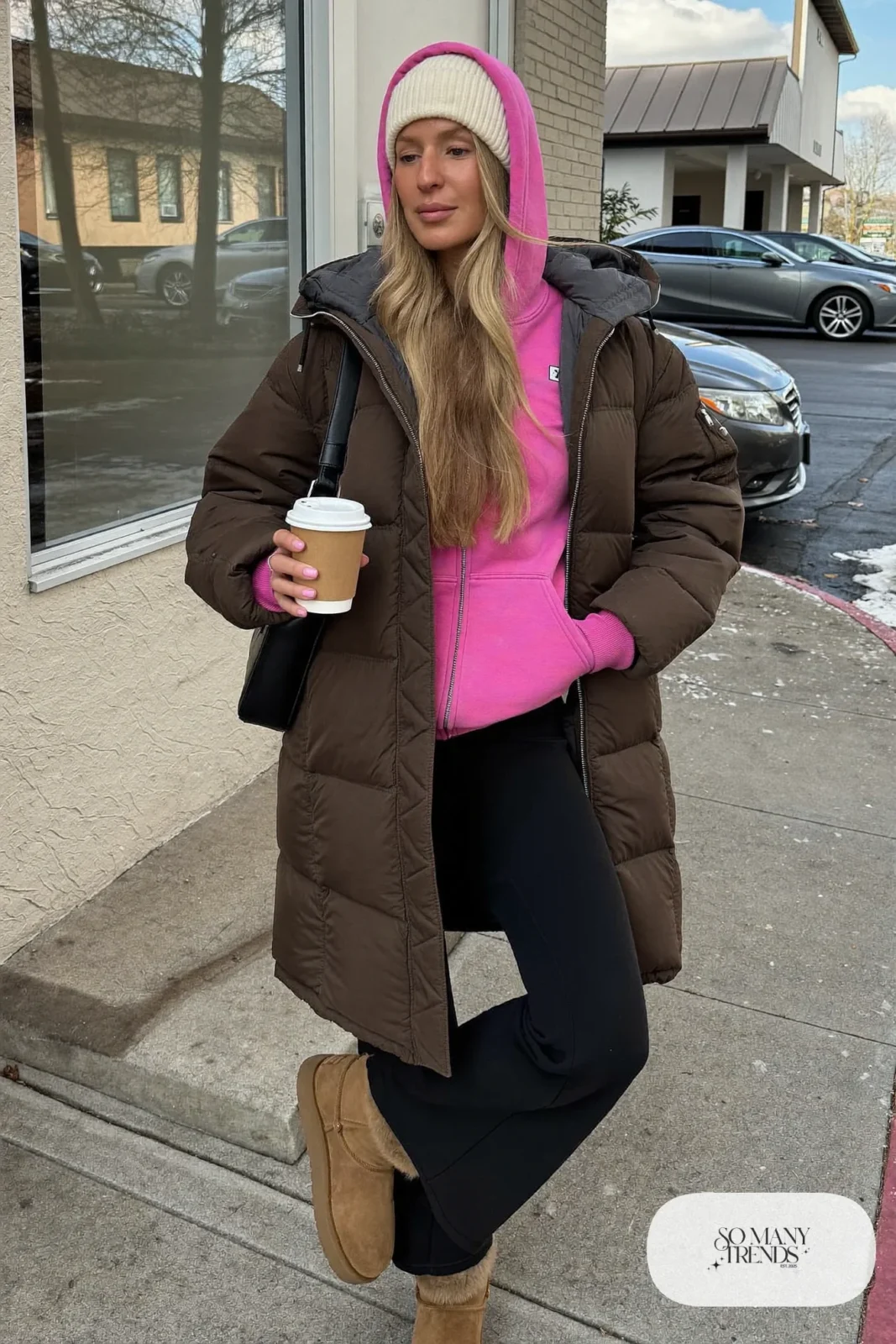 pink zip-up hoodie black flare leggings fur-lined boots olive parka mini bag beanie outfit 12