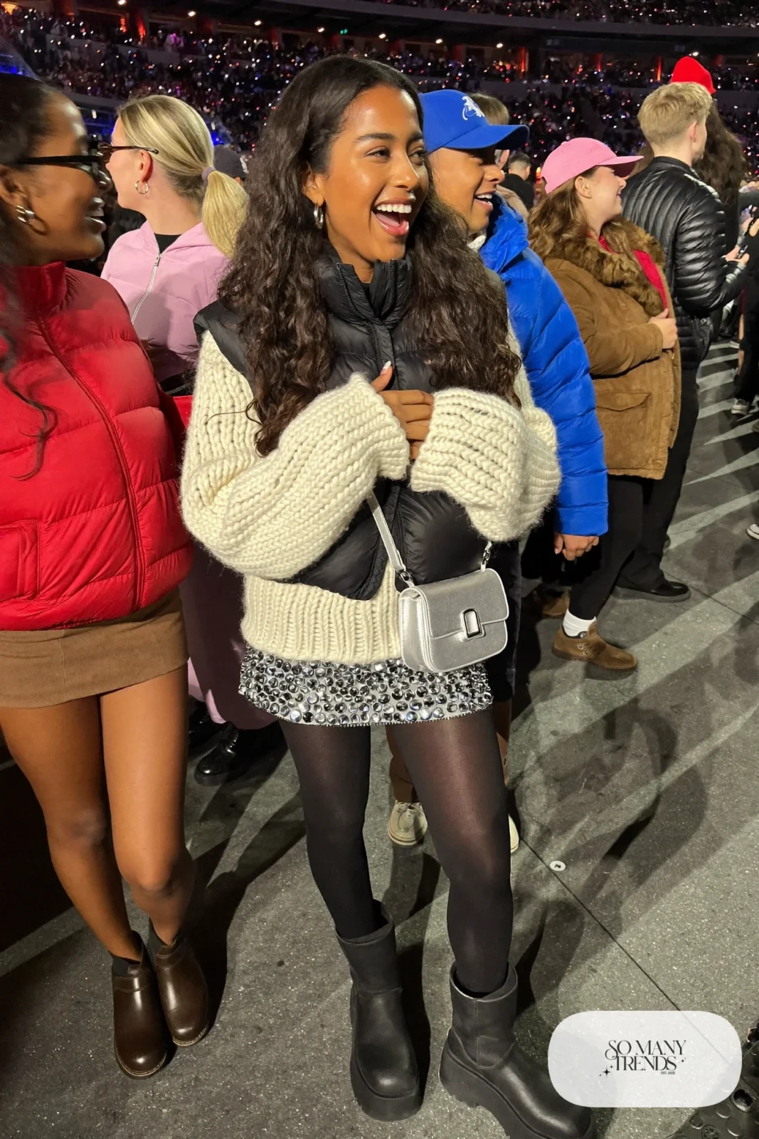silver sequin mini skirt cream oversized sweater sheer black tights chunky boots mini bag outfit 15
