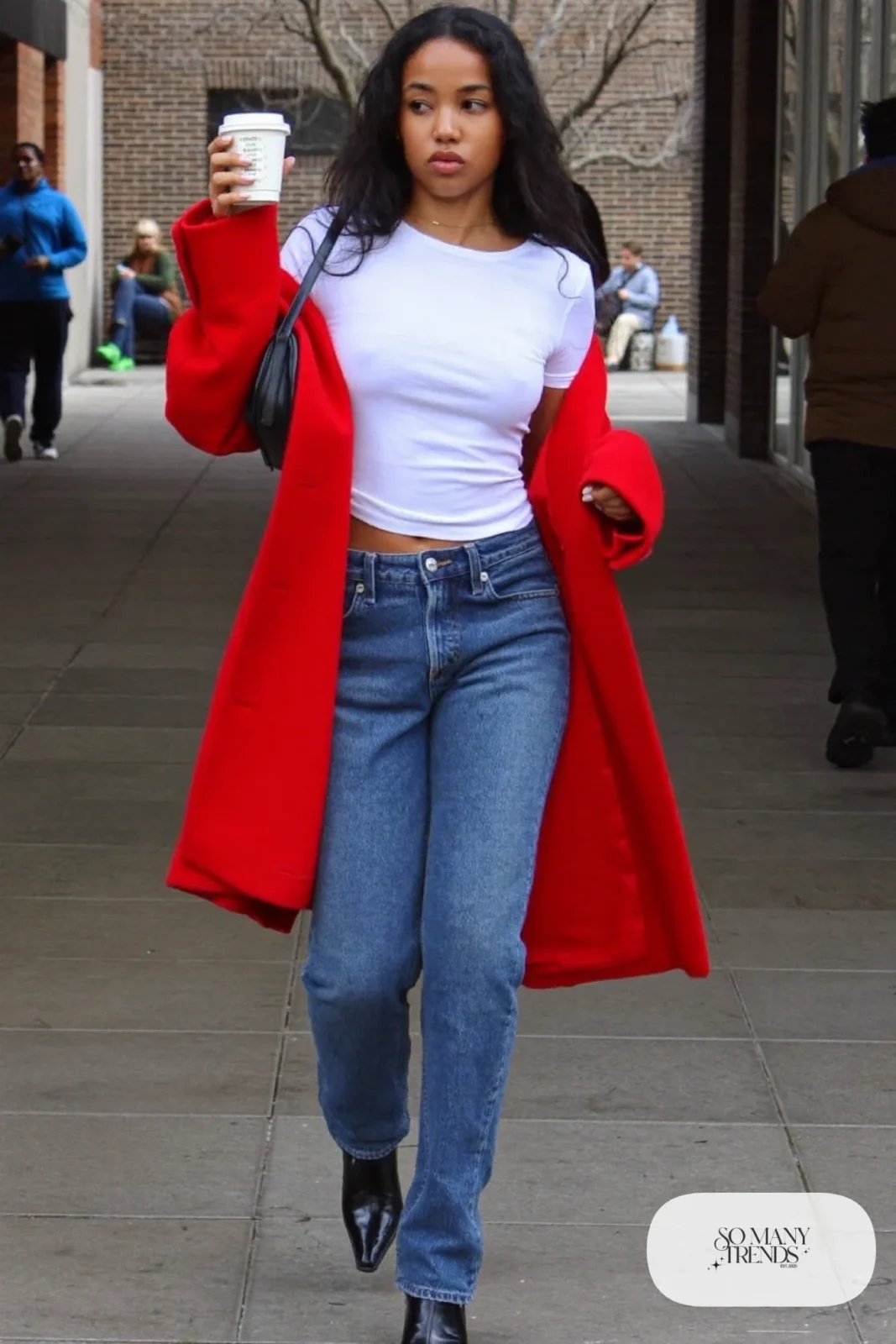 cherry red wool coat white tee straight mid-wash jeans black boots mini shoulder bag outfit 16