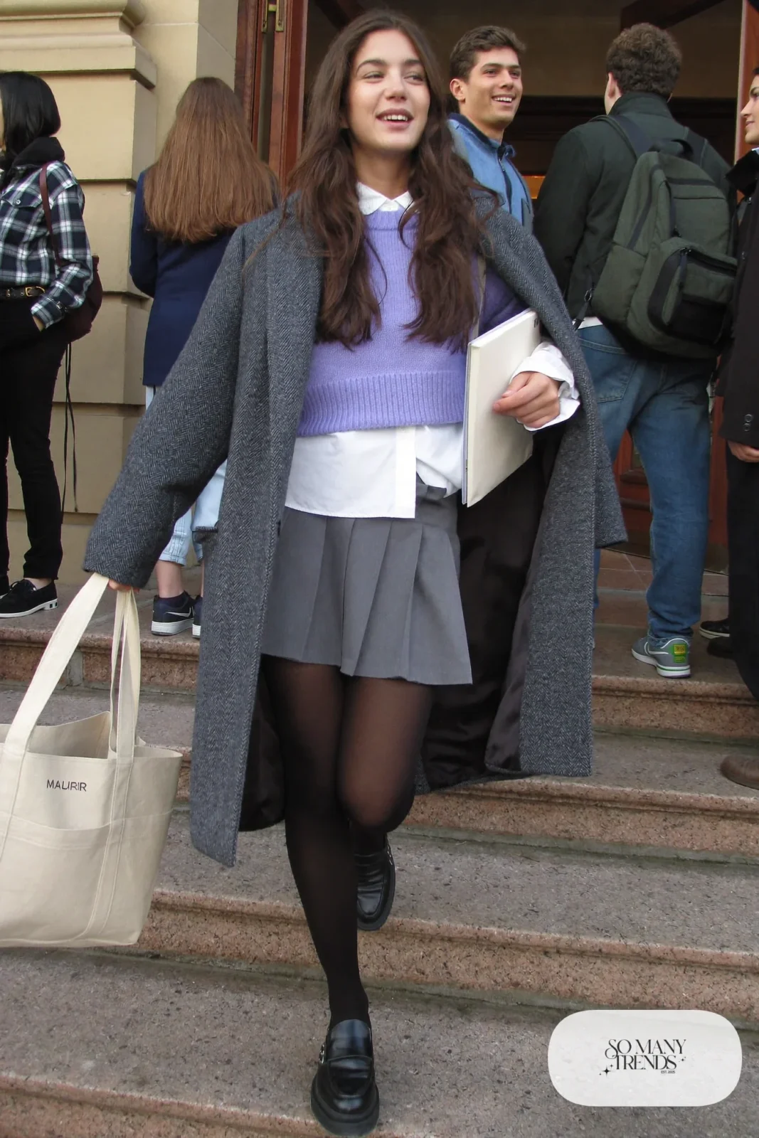 lavender sweater vest white collared shirt gray pleated mini skirt black tights loafers wool coat outfit 18