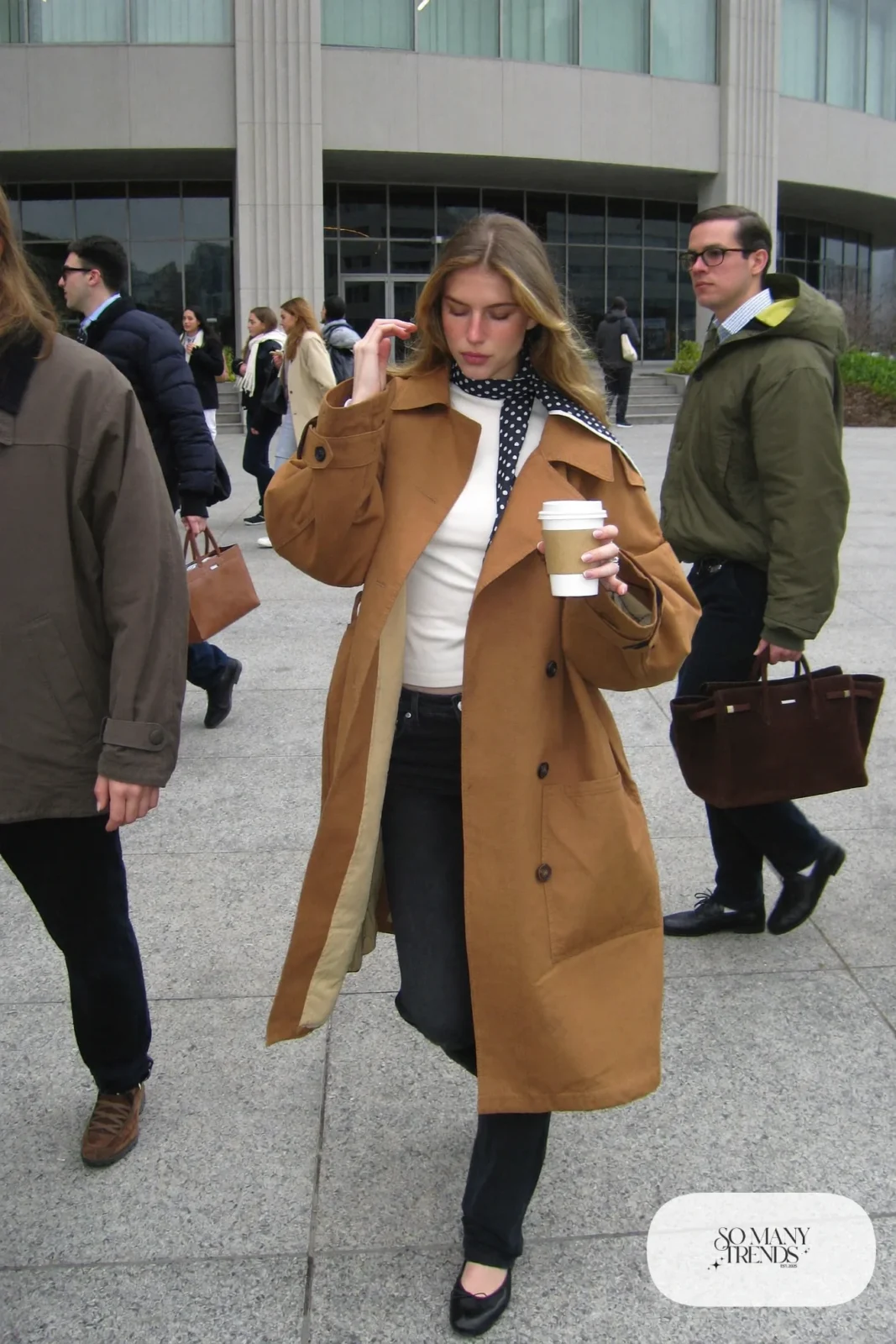 polka dot neck scarf camel belted trench dark skinny jeans white top ballet flats tote bag outfit 22