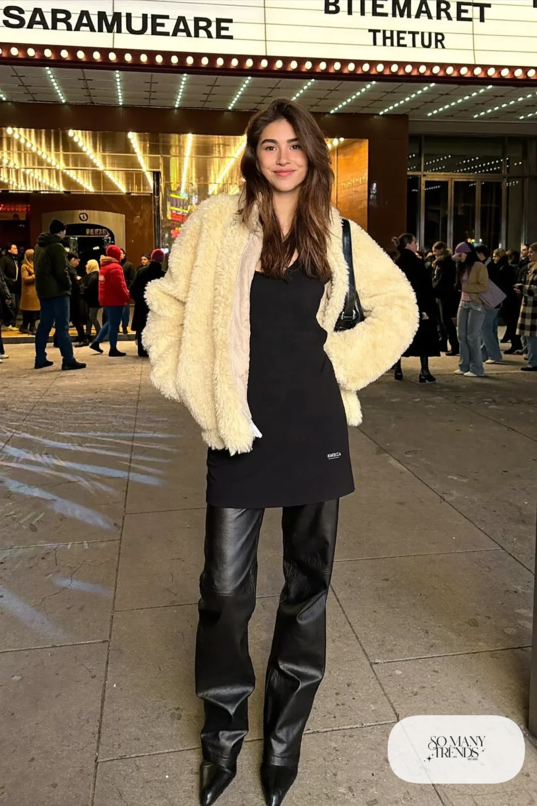 rhinestone black tank faux leather straight pants cream shearling jacket black ankle boots mini bag outfit 26