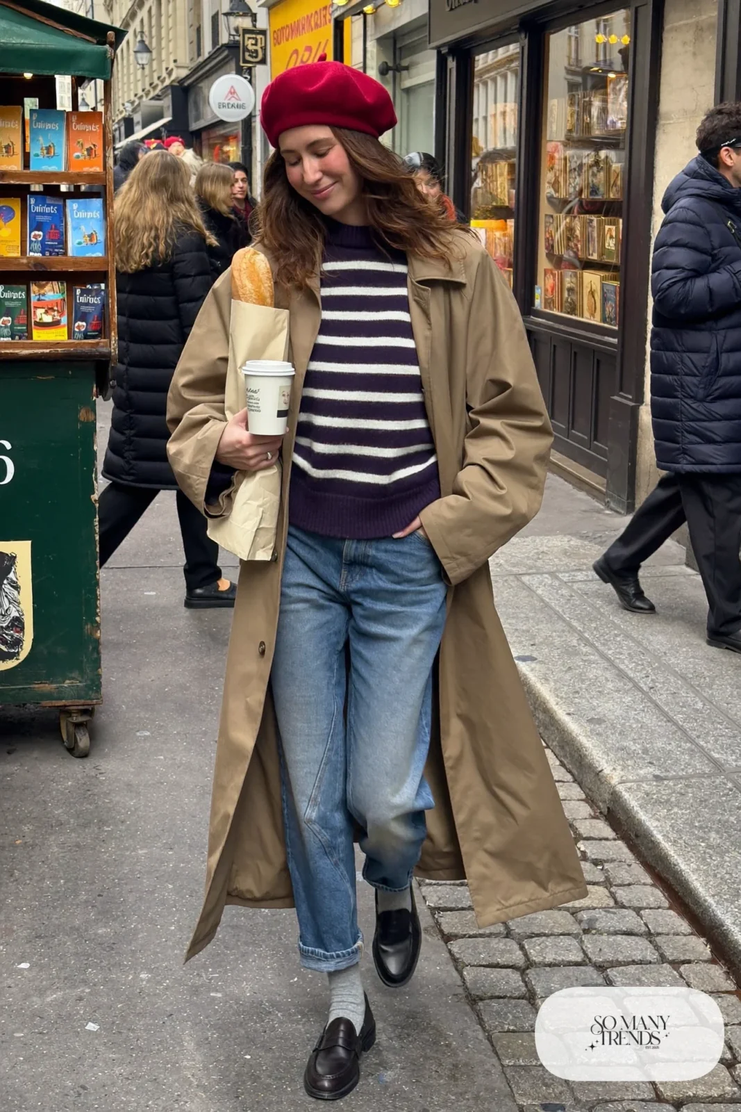 striped breton sweater beige trench coat barrel-leg jeans black loafers gray socks red beret outfit 2