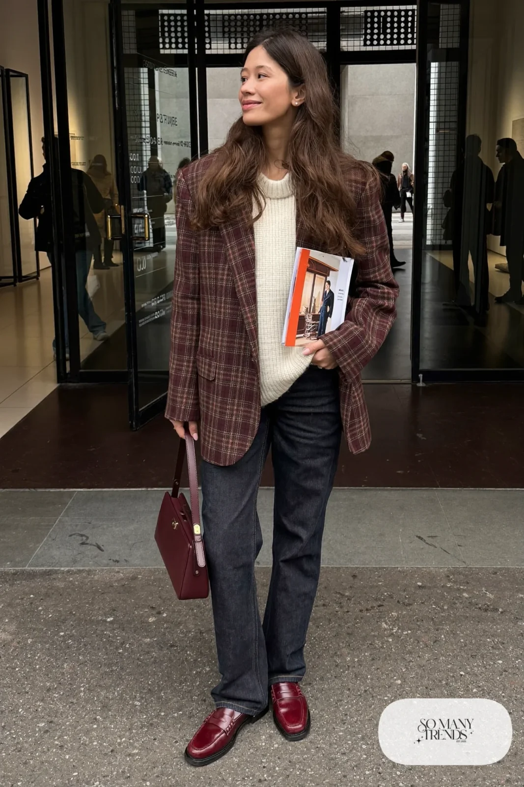 oversized plaid blazer cream knit sweater straight dark jeans burgundy loafers outfit 4