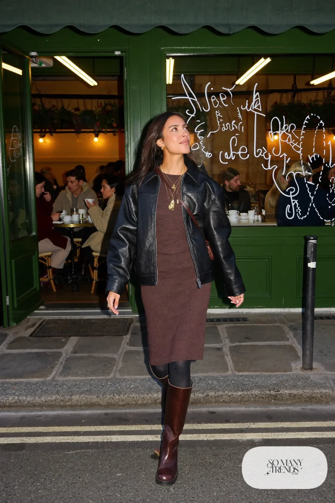 chocolate brown rib knit midi dress boxy black leather jacket tall brown boots thick tights gold necklaces outfit 6
