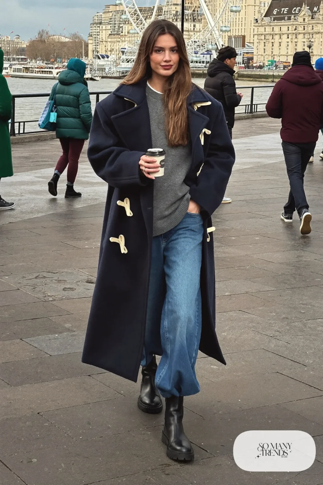 navy wool duffle coat gray crewneck sweater wide-leg jeans black chelsea boots outfit 7