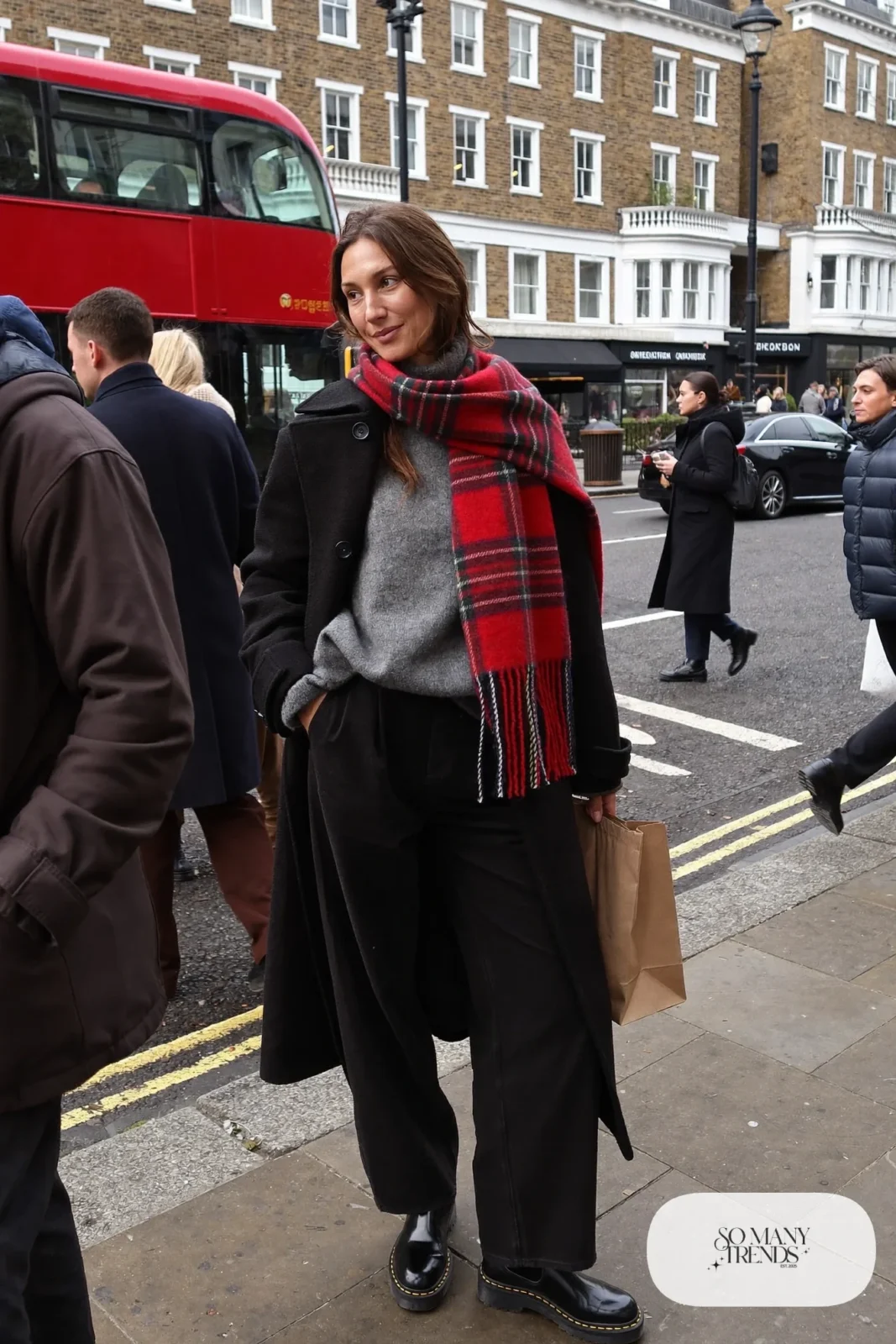 red tartan wool scarf black wool coat gray turtleneck black wide-leg pants lug sole boots outfit 8